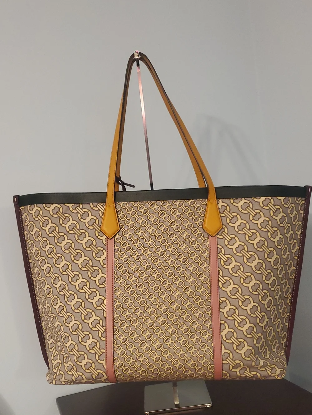 Tory Burch Beige Patterned Canvas Tote with Yellow Straps
